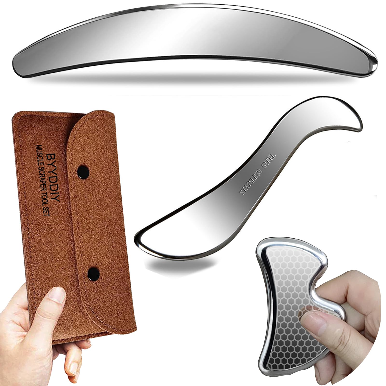 BYYDDIY 2 in 1 Stainless Steel Muscle Scraper Tools Set Gua Sha Massage Scraper Scraping Tool