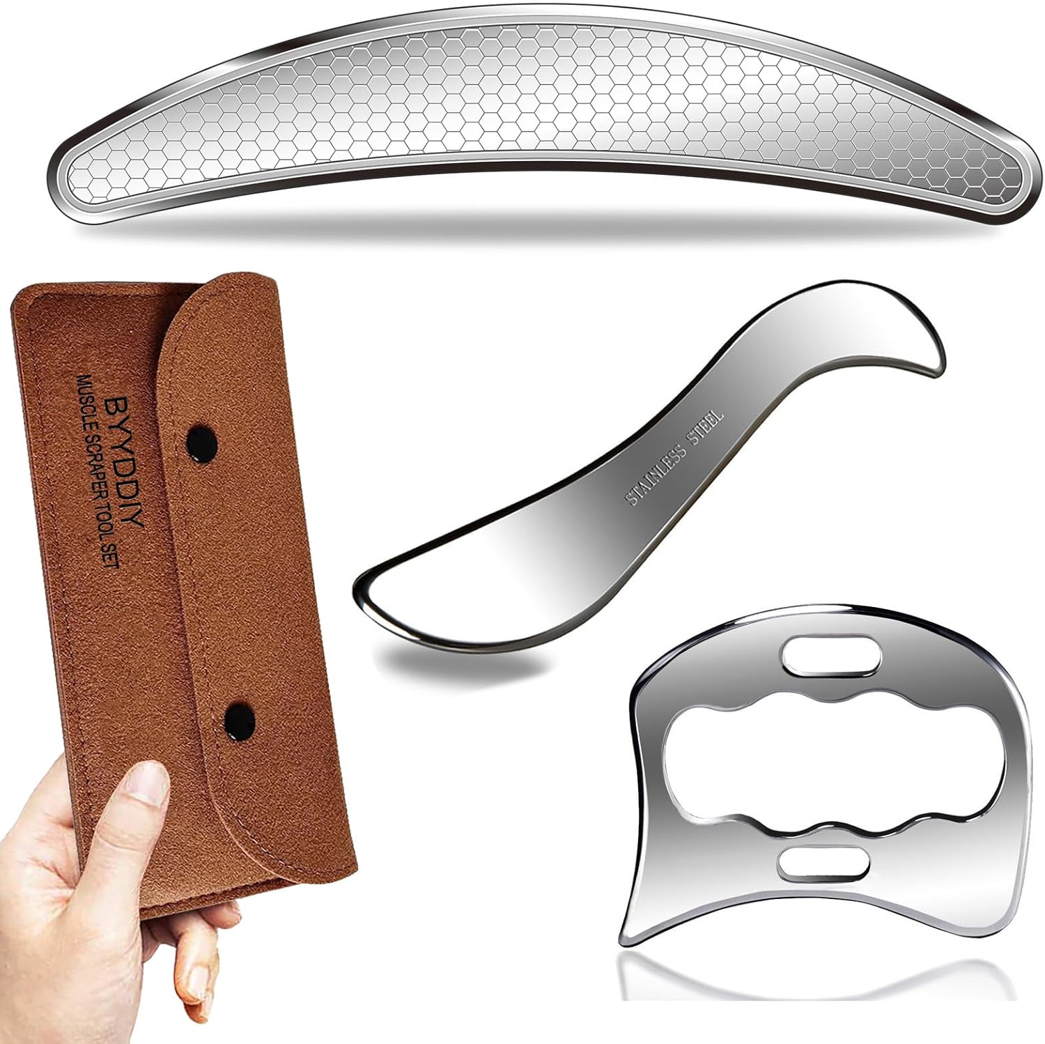 BYYDDIY 3 in 1 Stainless Steel Muscle Scraper Tools Set,Scraping Massage Tools for Physical Therapy,Derma Edge Massage Tool & GuaSha Massage Scraper Tool,IASTM Tools,Guasha Tool for Body